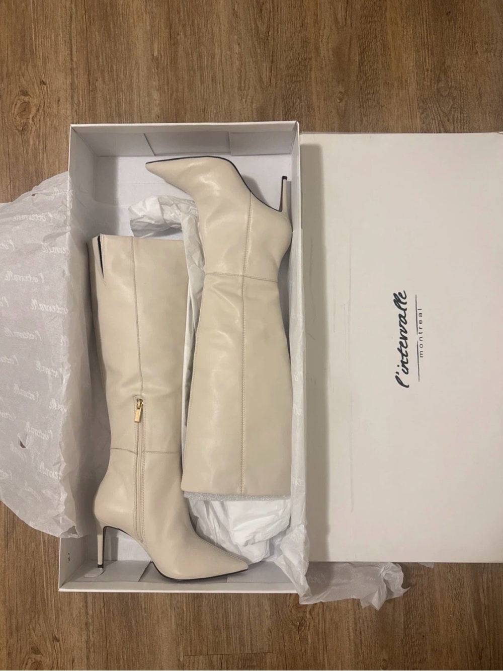 L'INTERVALLE Cream Knee-High Pointed Stiletto Boots